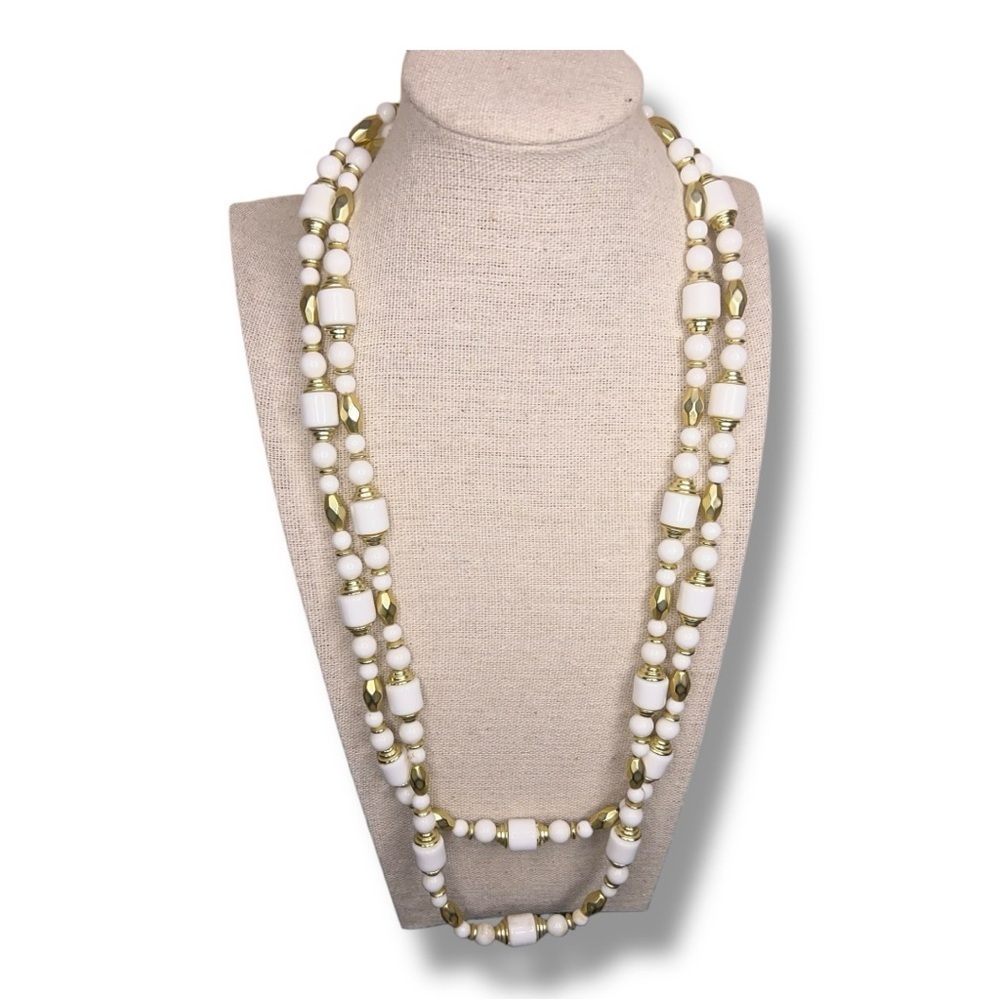 Vintage White Hold Beaded Necklace Double Strand Multishaped 1980s